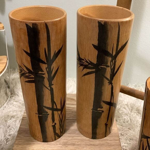 Vintage Angel Bamboo Cup Set Of 4 Tall 2 Short Handpainted Bamboo Drinking Cups - Picture 11 of 17